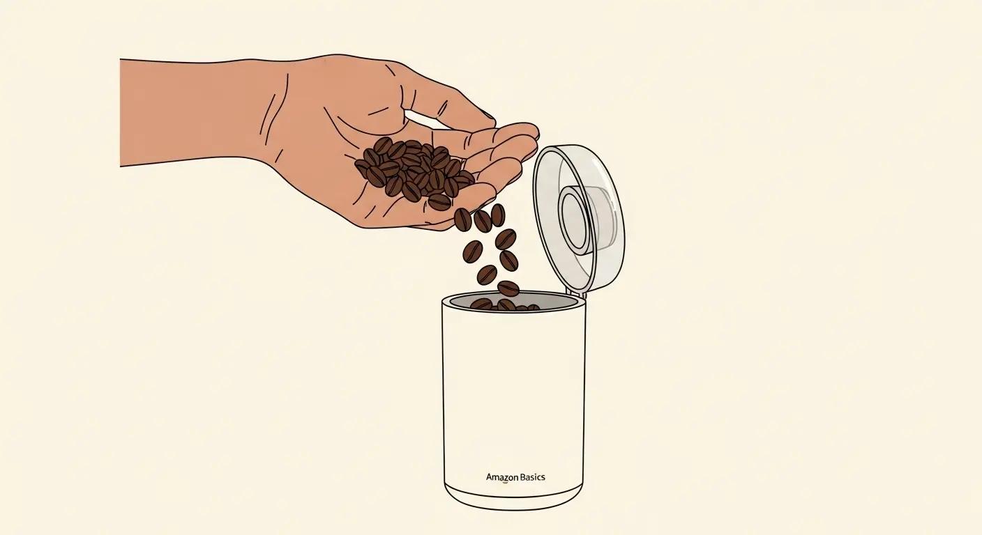 A hand pouring coffee beans into the Amazon Basics Electric Coffee Grinder.