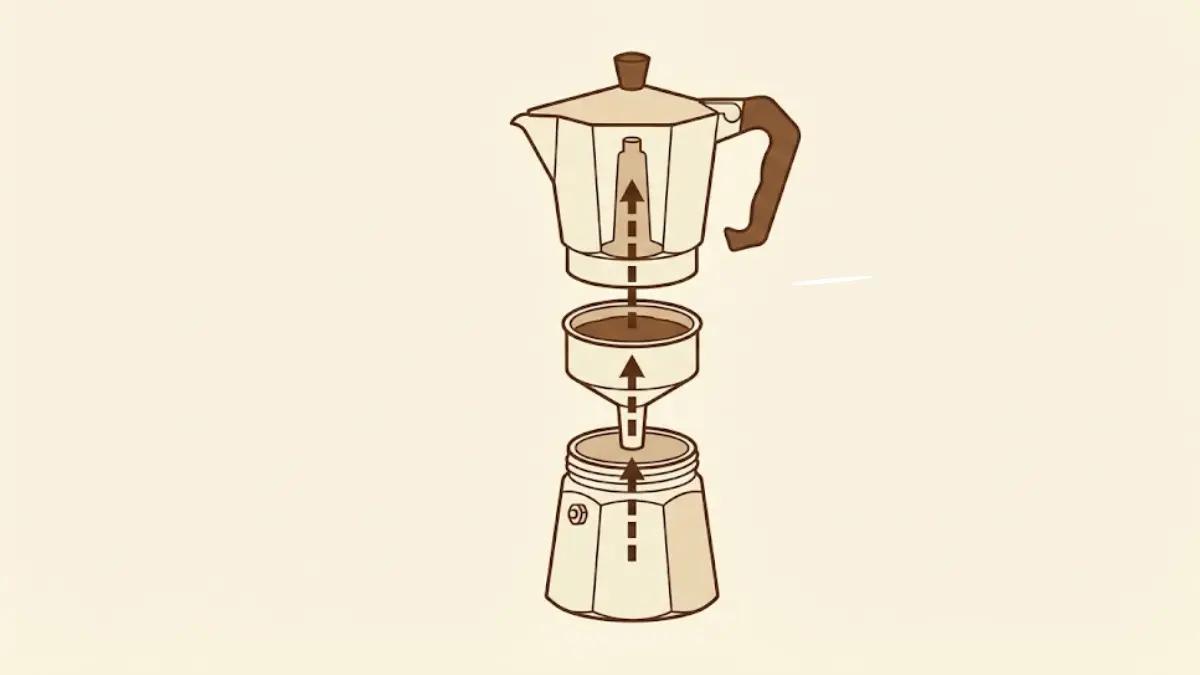 Diagram showing moka pot three-chamber design and water flow path