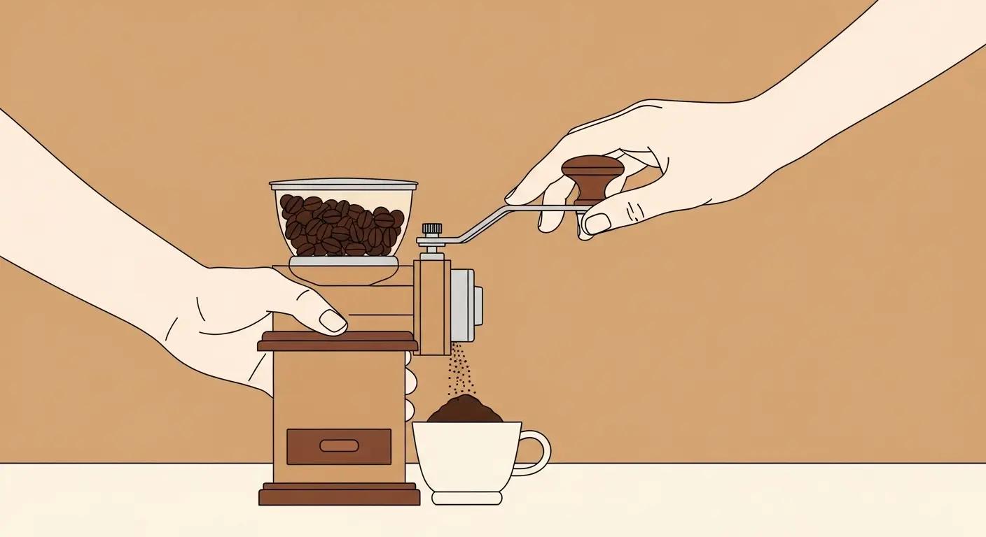 Person using manual coffee grinder to grind fresh coffee beans