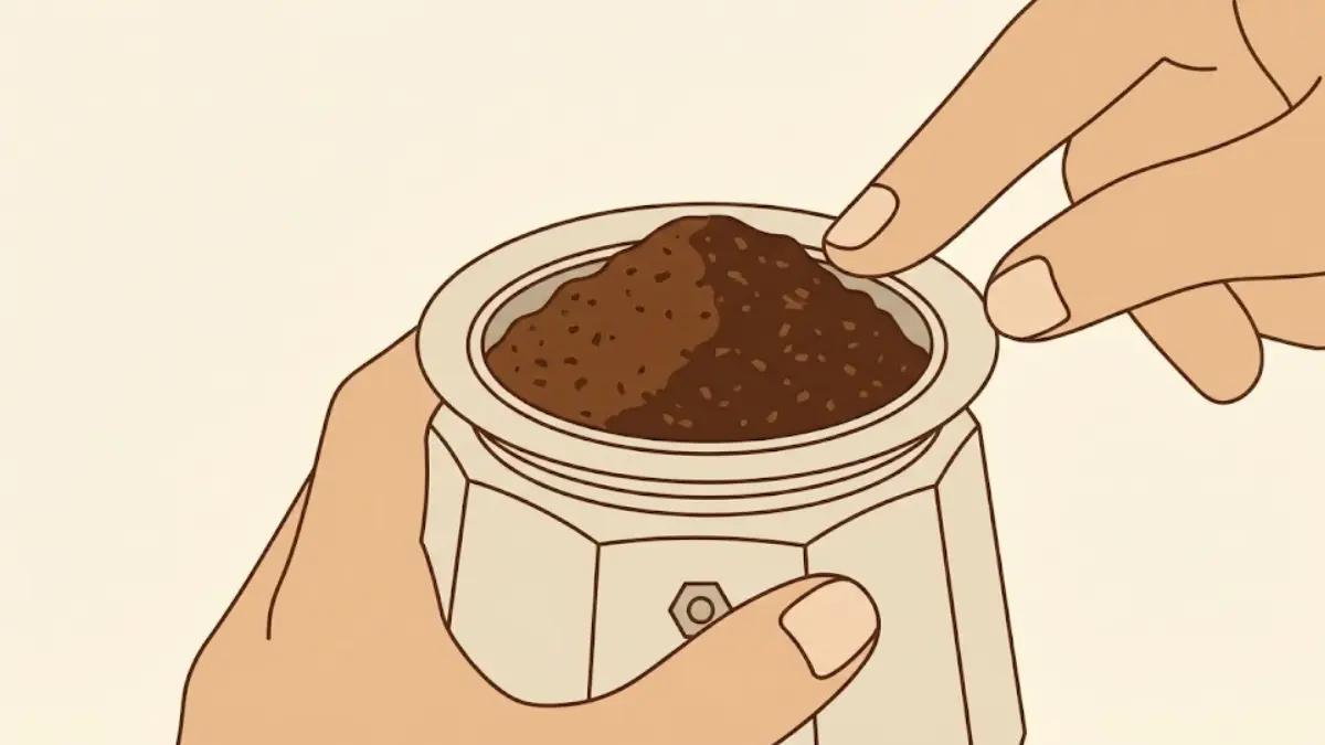 An illustration of leveling coffee grounds in a Moka pot basket without tamping or pressing down.