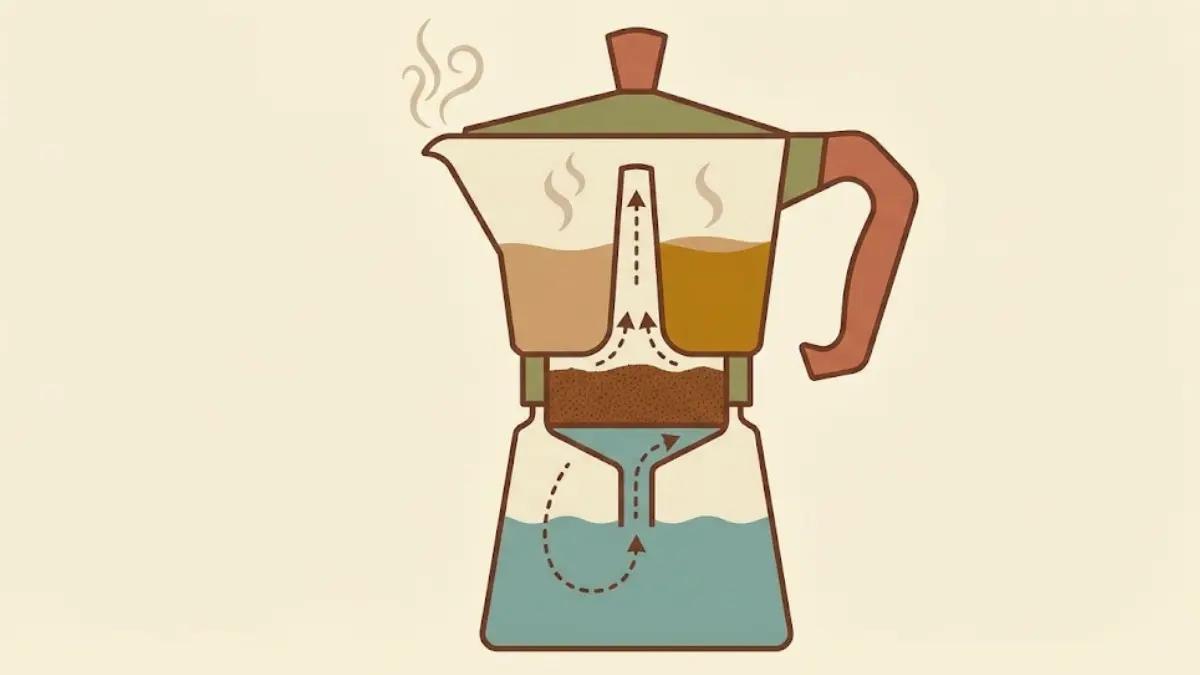 Diagram showing how a moka pot three-chamber brewing system works