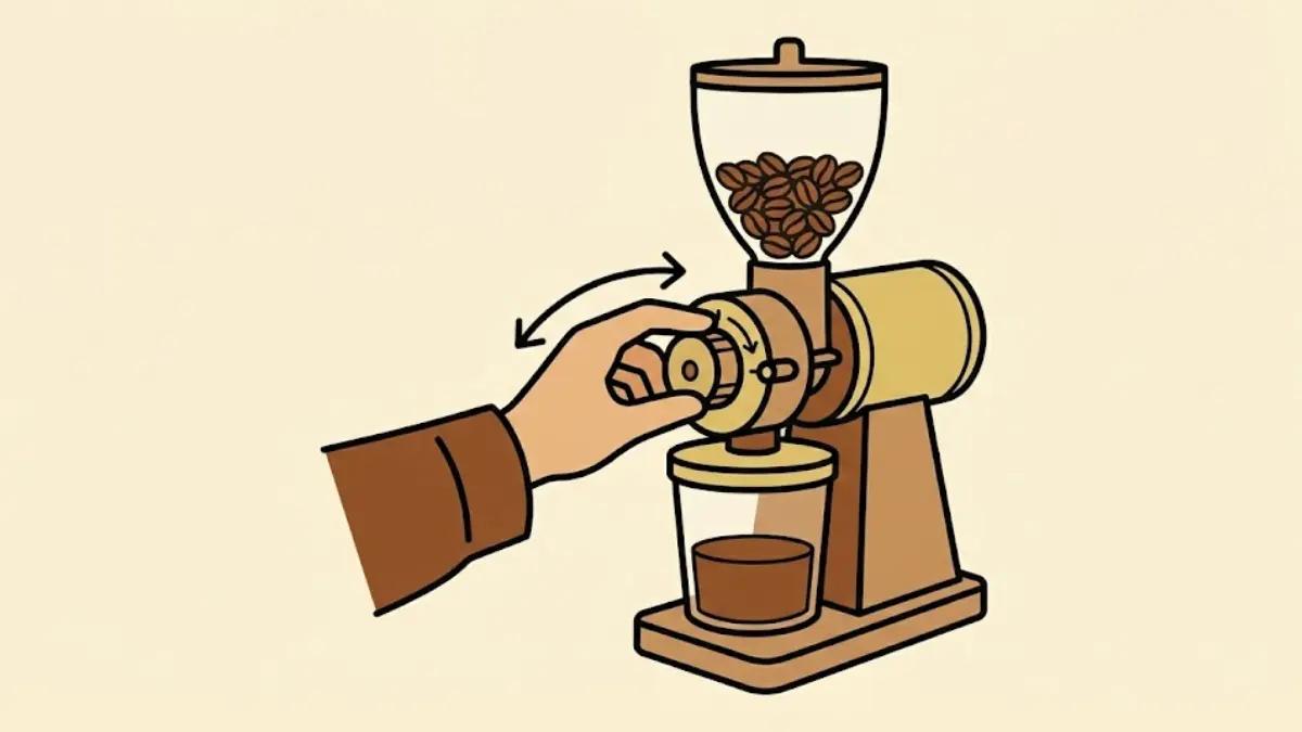 An illustration showing a hand adjusting the setting on a coffee grinder to achieve a medium-fine grind.