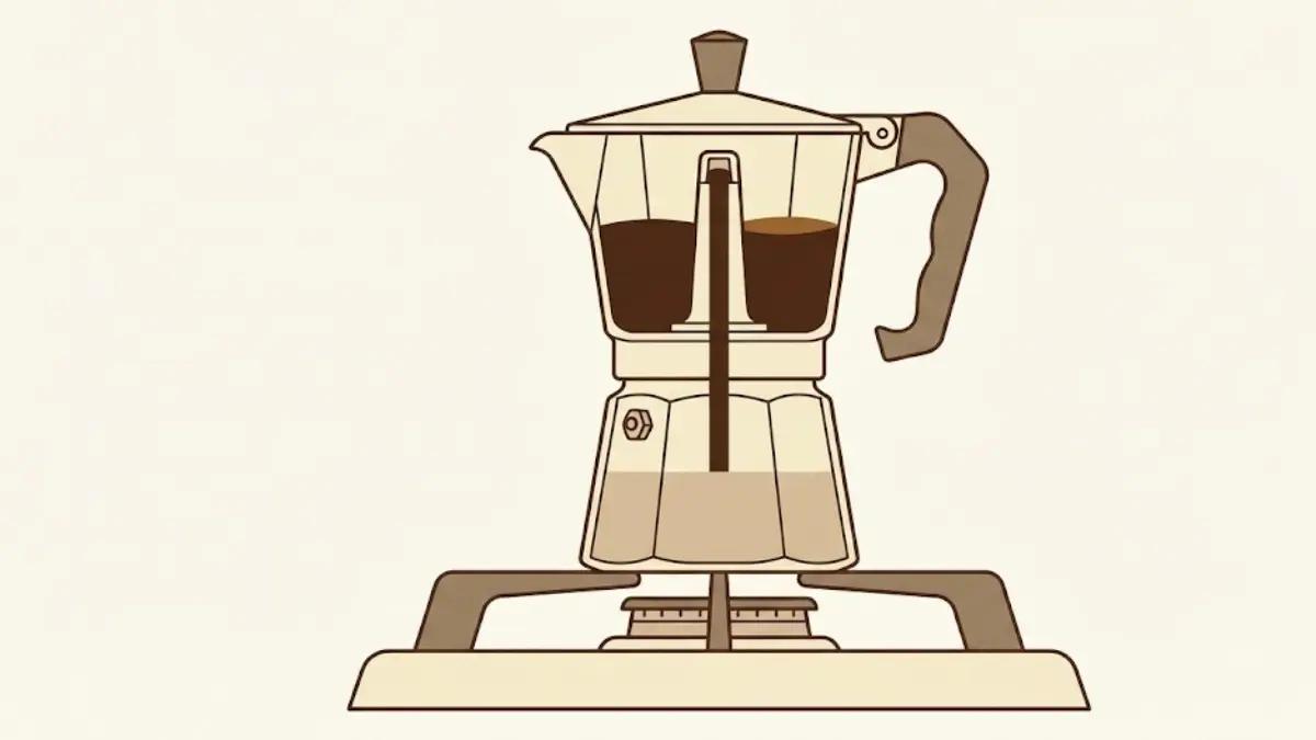 Cross-section diagram of moka pot brewing process showing water, coffee grounds, and brewed coffee chambers