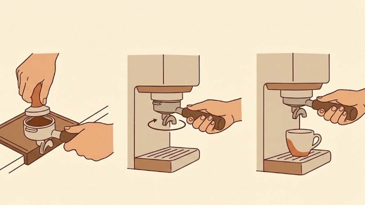 Hands tamping espresso grounds in portafilter and locking into espresso machine group head