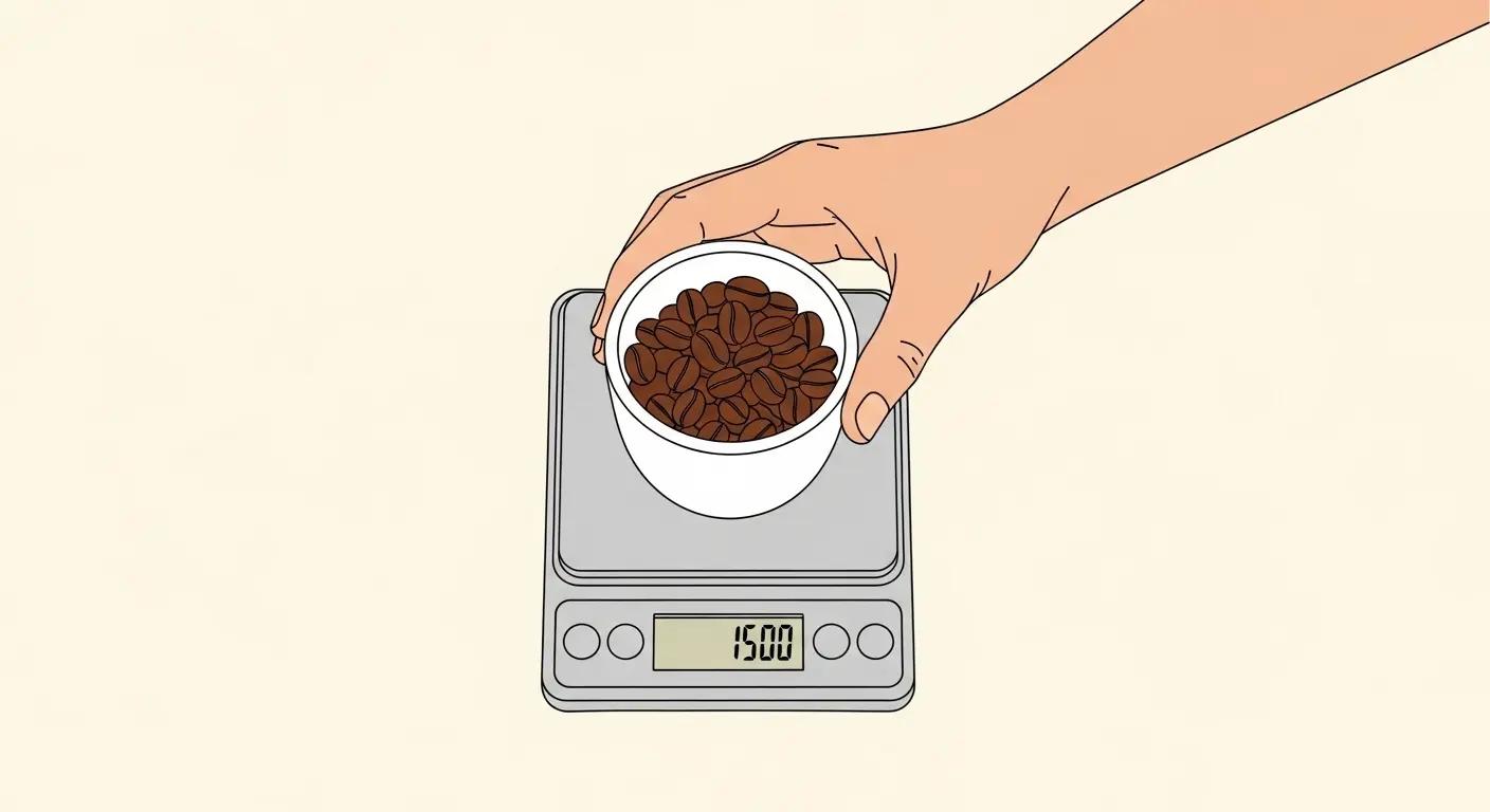 A hand weighing coffee beans on a digital scale before grinding.