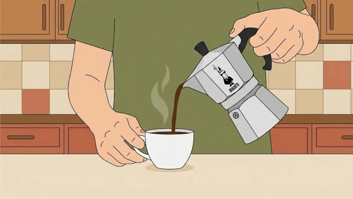 Pouring fresh brewed coffee from Bialetti moka pot into cup