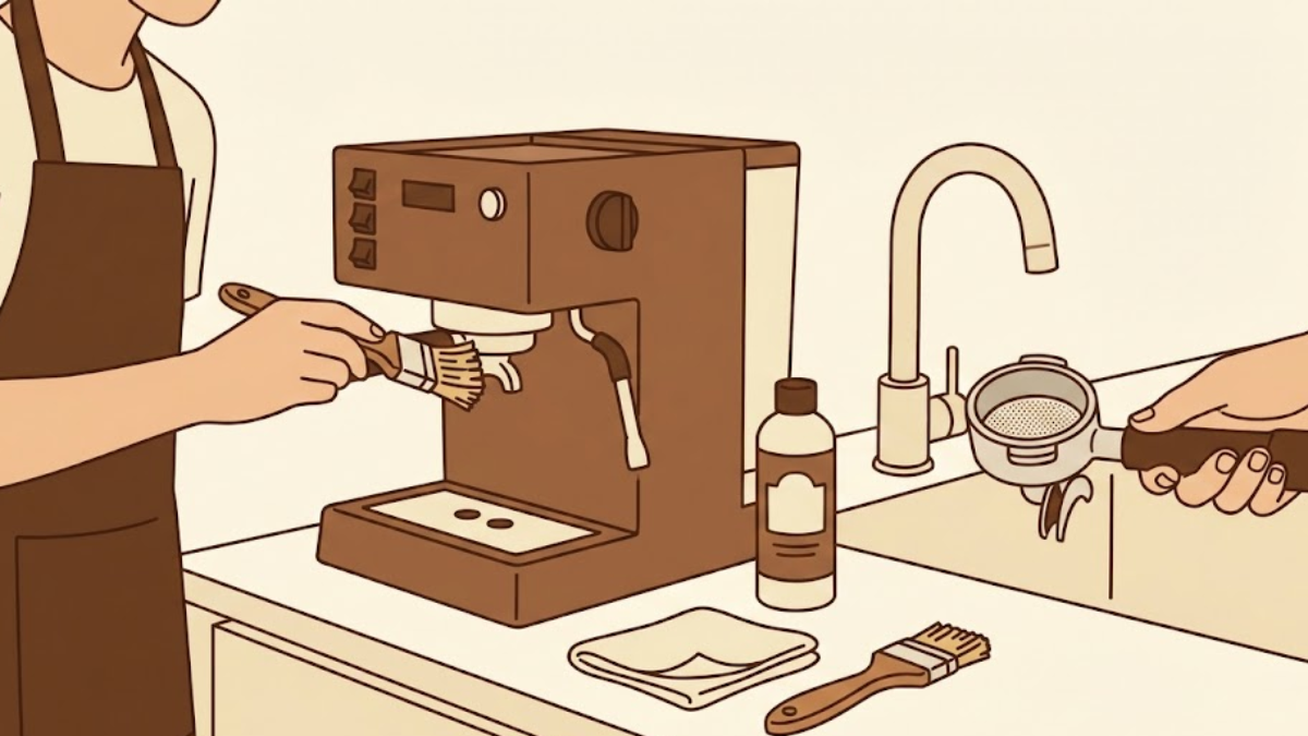 Person cleaning espresso machine group head with brush and performing maintenance routine