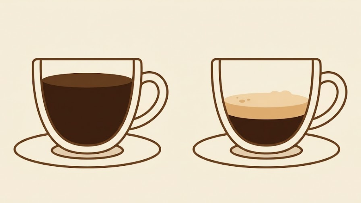 Side-by-side comparison of moka pot coffee and espresso shot with crema in cups