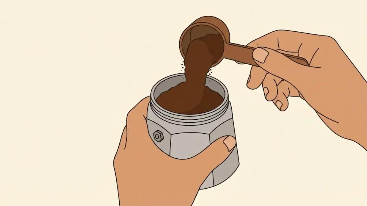 Filling moka pot funnel basket with ground coffee and leveling without tamping